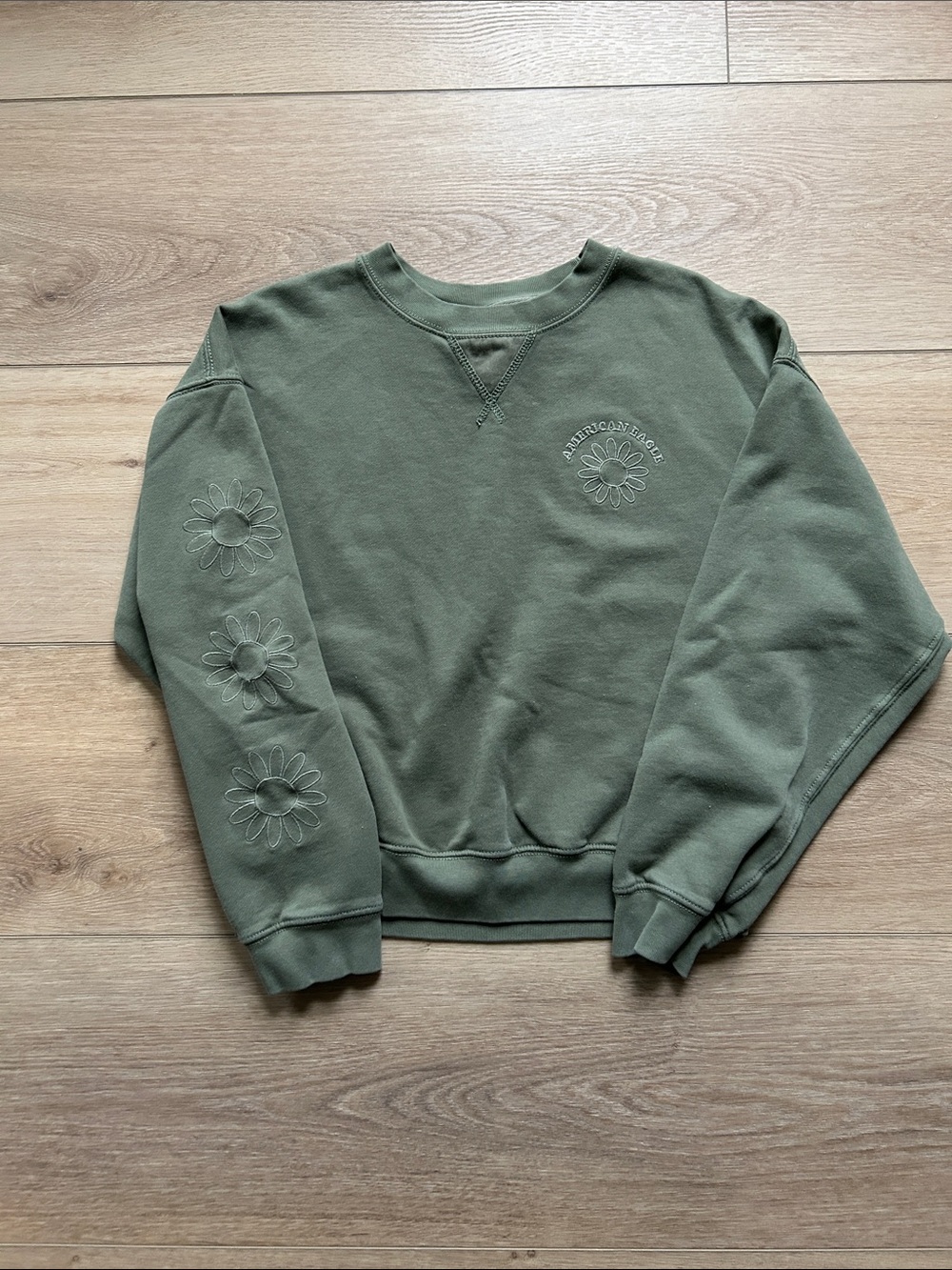 American Eagle Outfitters Olive Crewneck Sweatshirt with Daisy Details XS